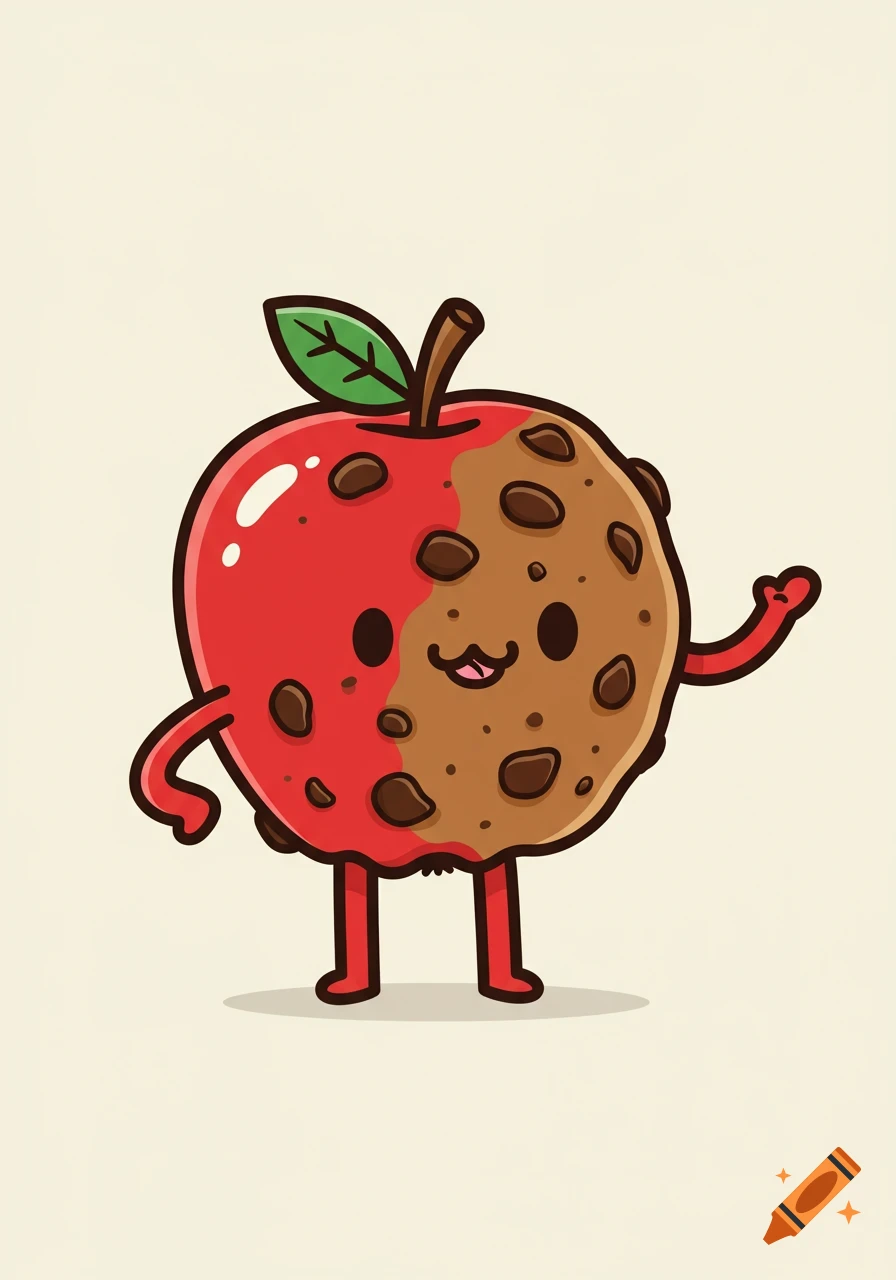 A cartoon character that is half red apple and half chocolate chip cookie, with a smiling face, arms, and legs, in a rubber hose style.