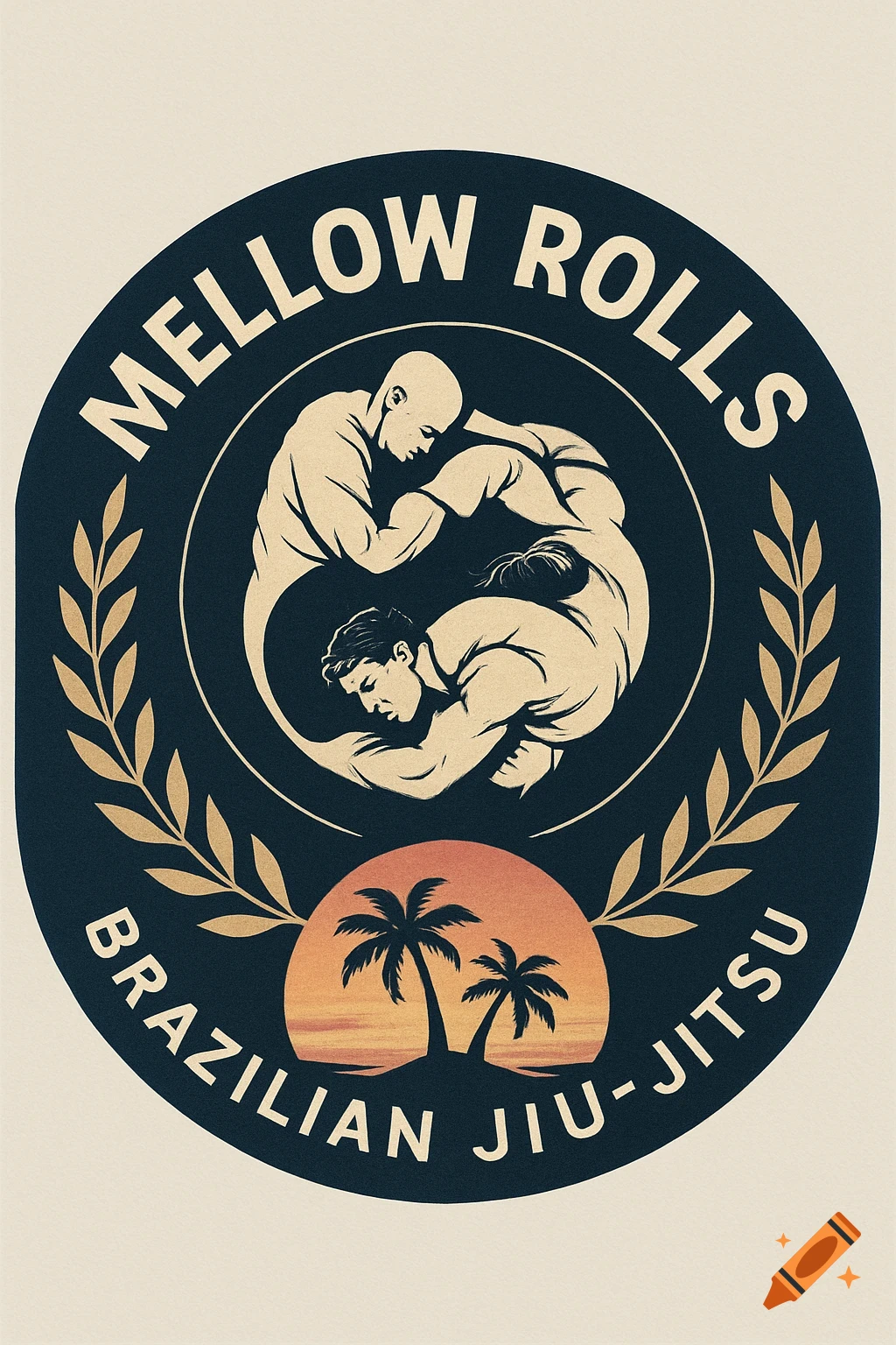 Vintage-style Brazilian Jiu-Jitsu logo with grappling figures, laurel wreaths, and palm trees for 'Mellow Rolls'.