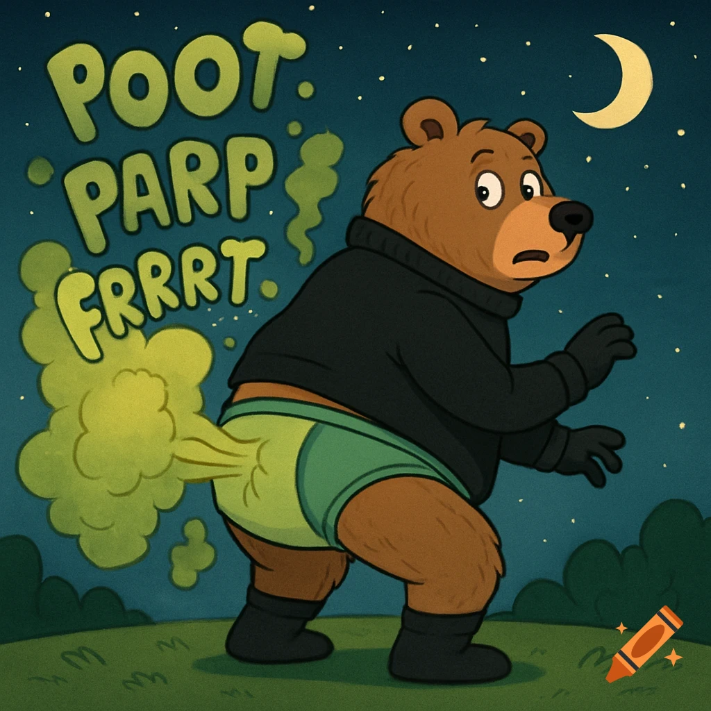 A cartoon bear in a black sweater and green briefs stands at night, farting greenish-yellow fumes with the onomatopoeia "POOT. PARP FRRRT." in the air.
