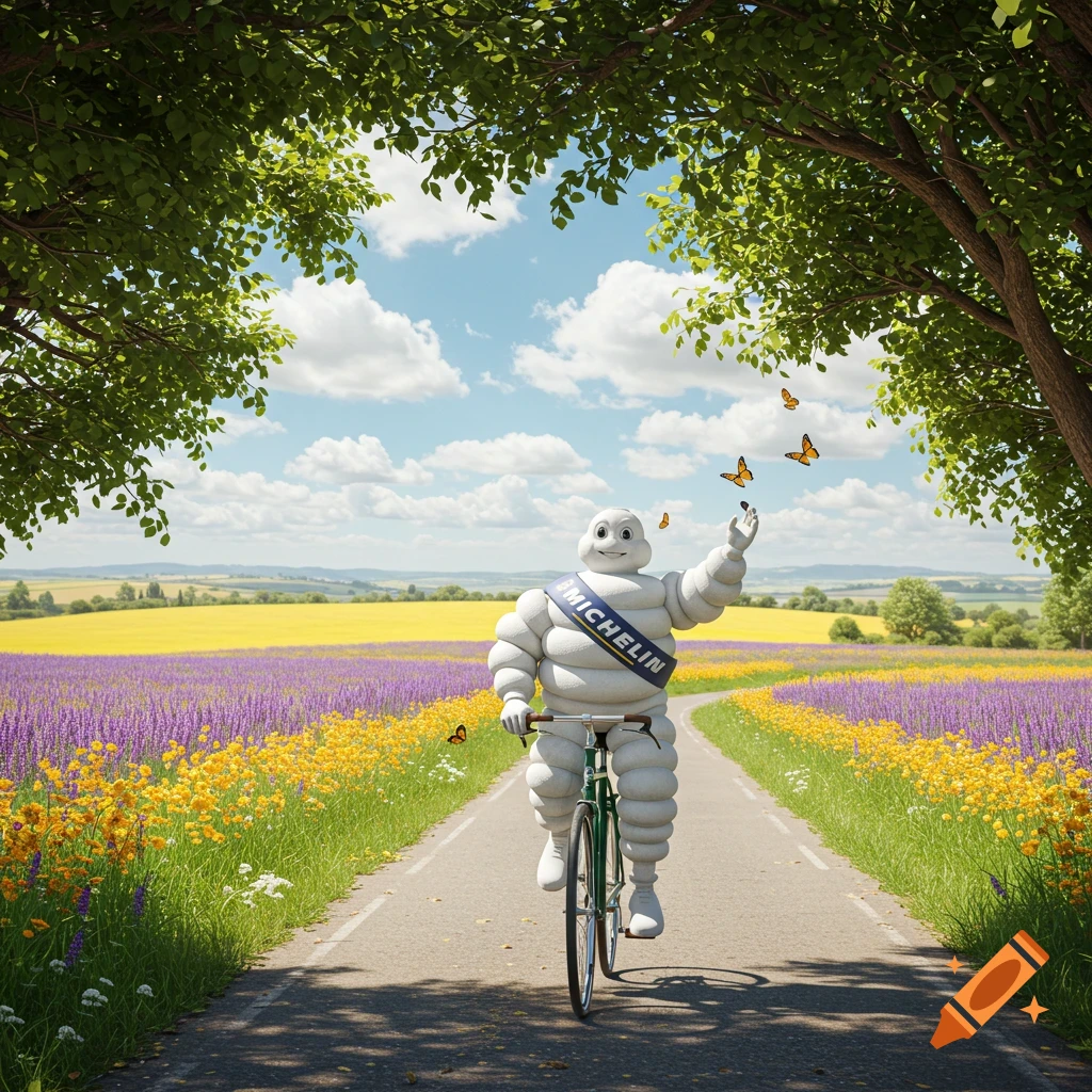 The Michelin Man rides a bicycle down a road through a colorful field of lavender and yellow flowers under a blue sky.