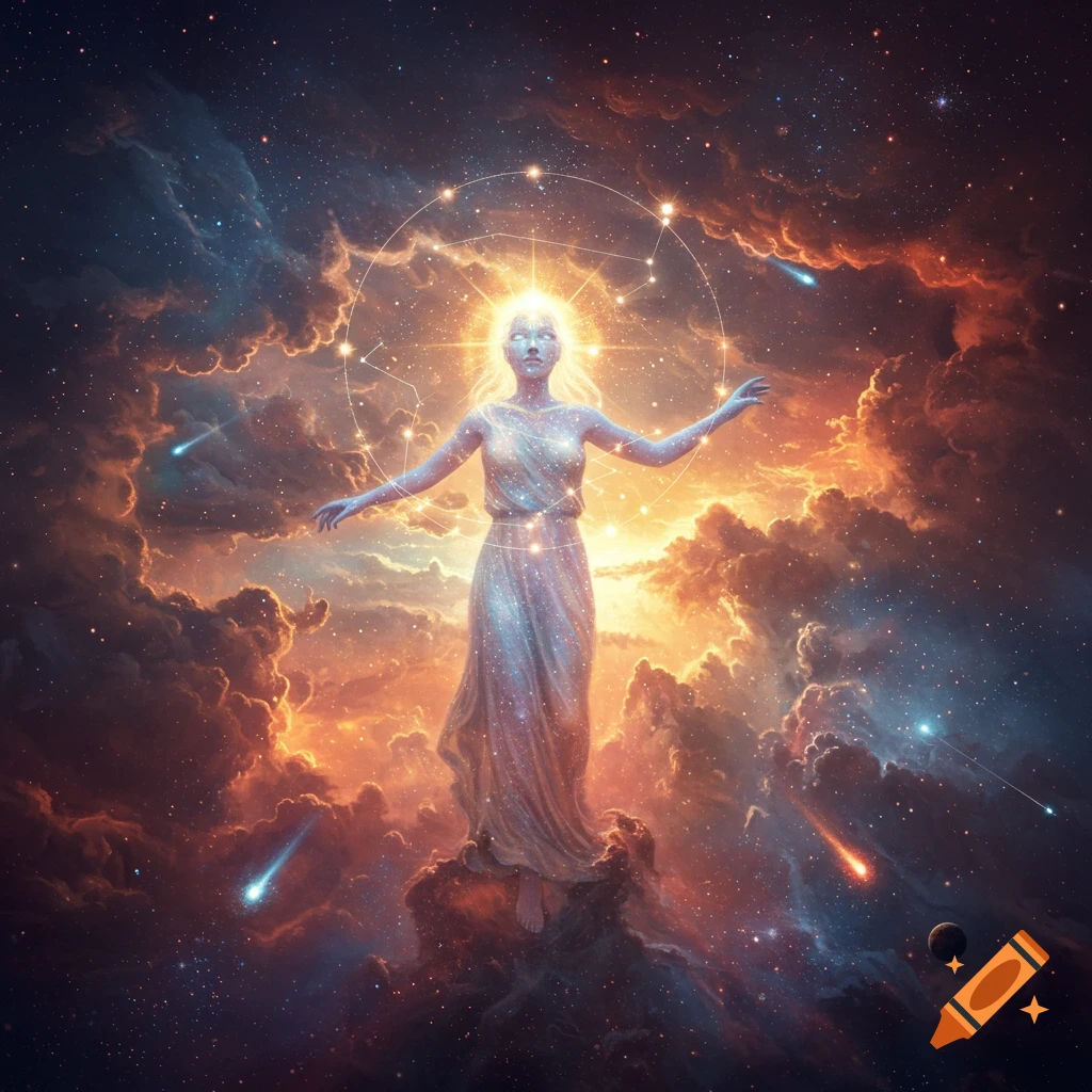 A celestial figure glows brightly, standing amidst colorful cosmic clouds, stars, and meteors in deep space, with a constellation ring behind their head.