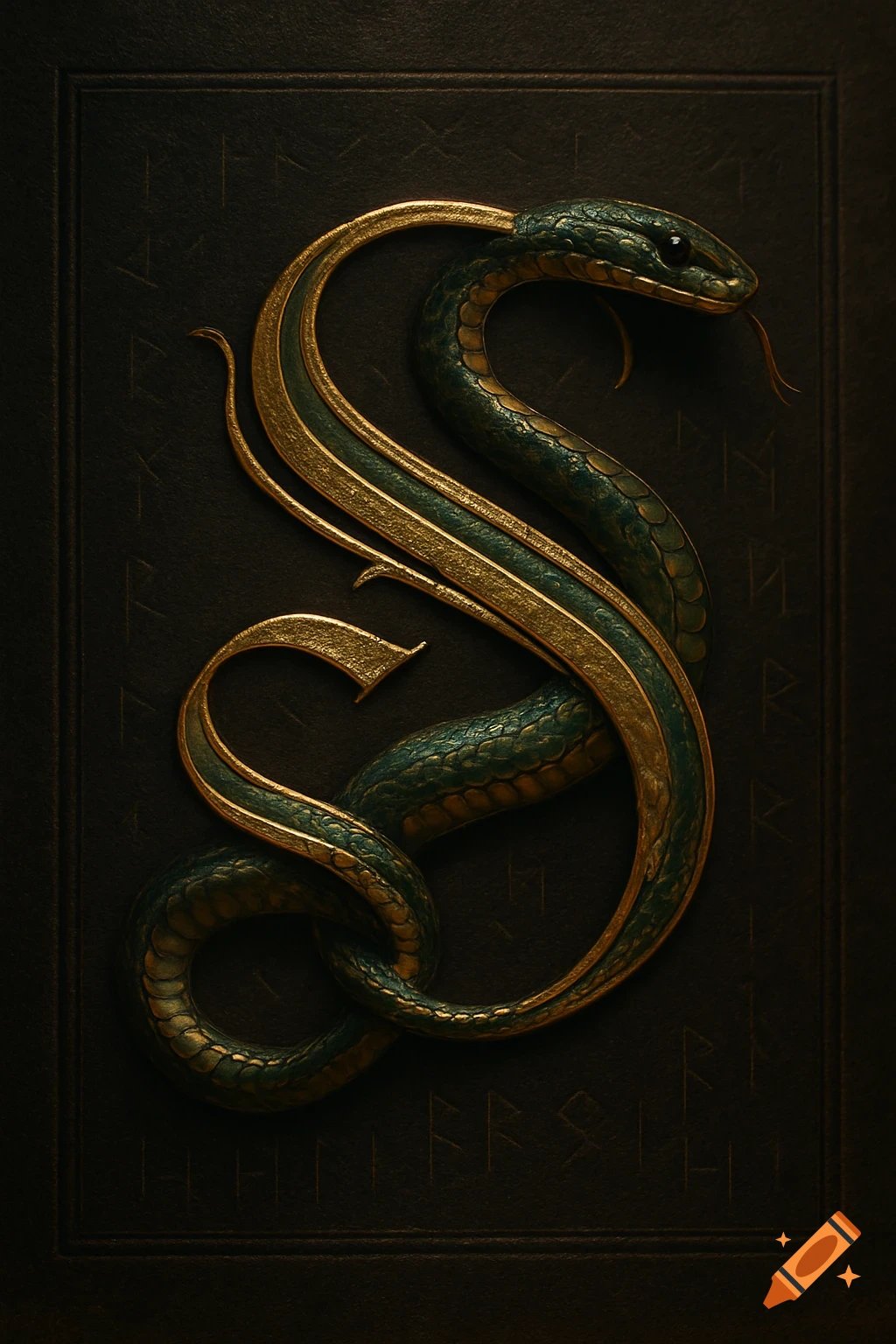 An emerald green snake intricately coiled into a golden letter 'S' on a dark, textured background with faint runic symbols.