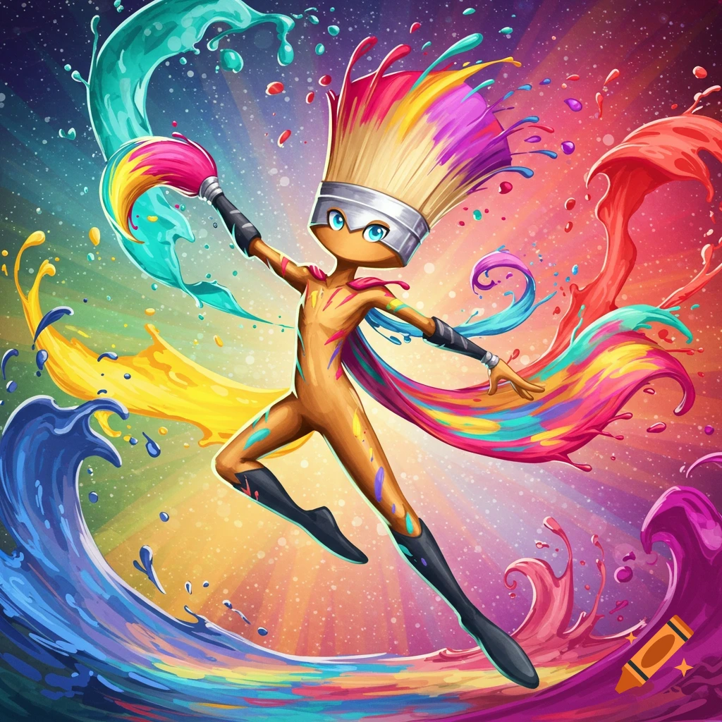 A vibrant cartoon paintbrush superhero leaps through an explosion of colorful paint splashes.