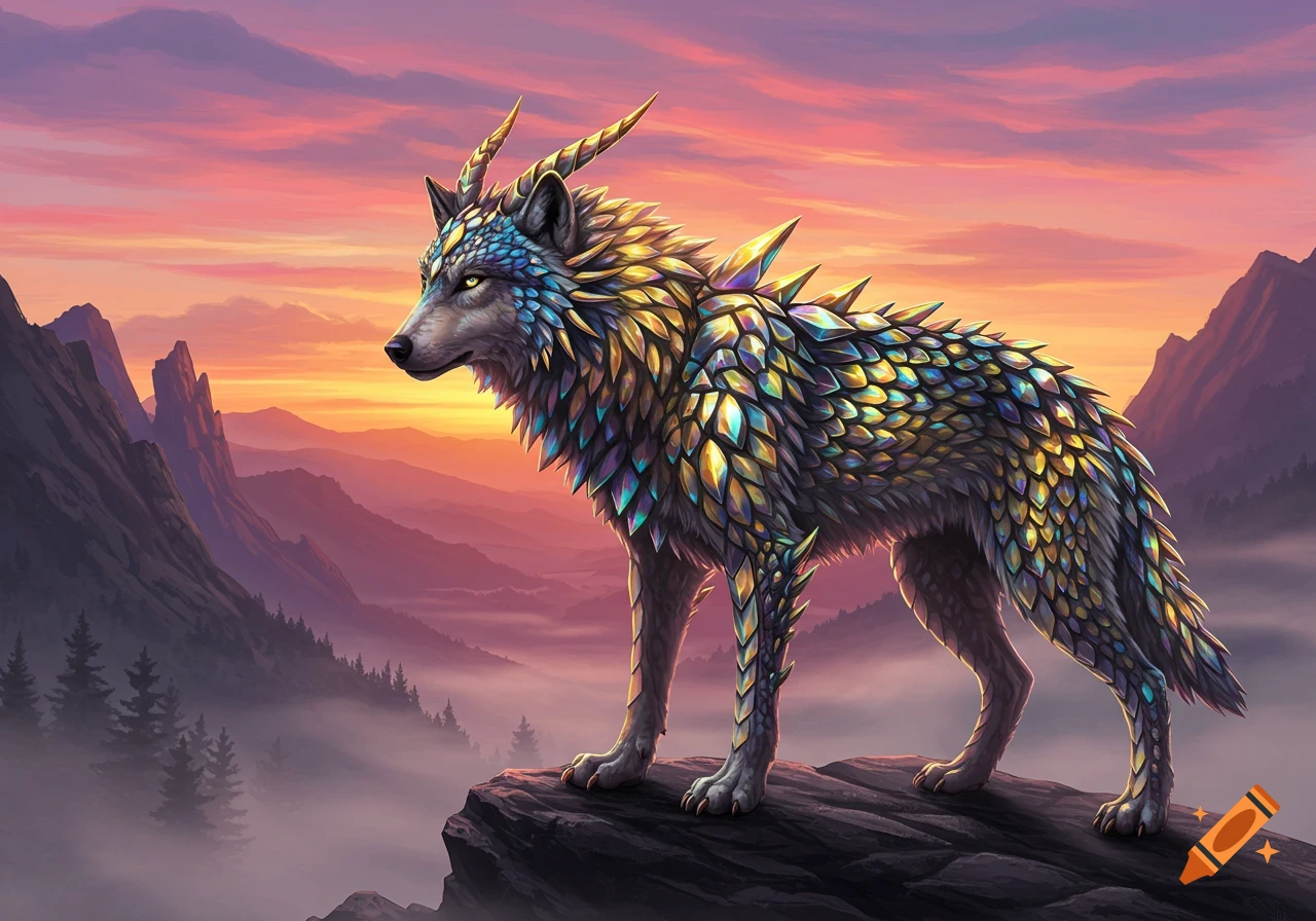 A majestic wolf-like creature with iridescent, multicolored dragon scales stands on a rocky peak overlooking a misty mountain range at sunset.
