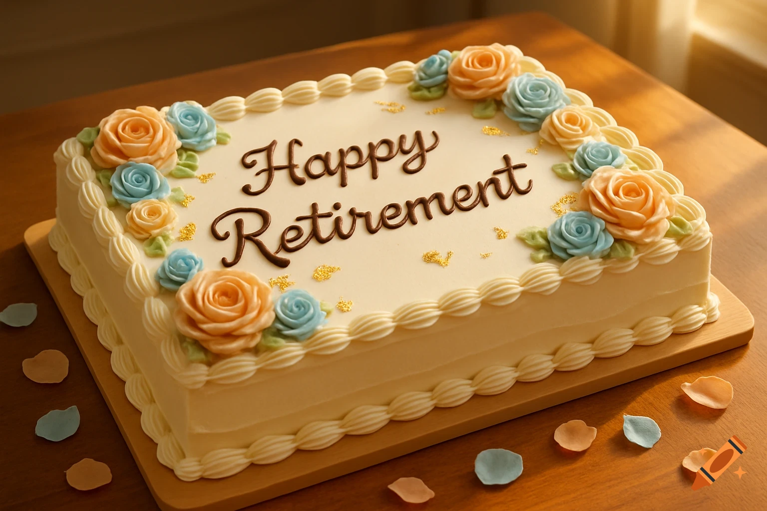 A white retirement cake decorated with orange and blue frosting roses and gold flakes, with 'Happy Retirement' written in brown icing.