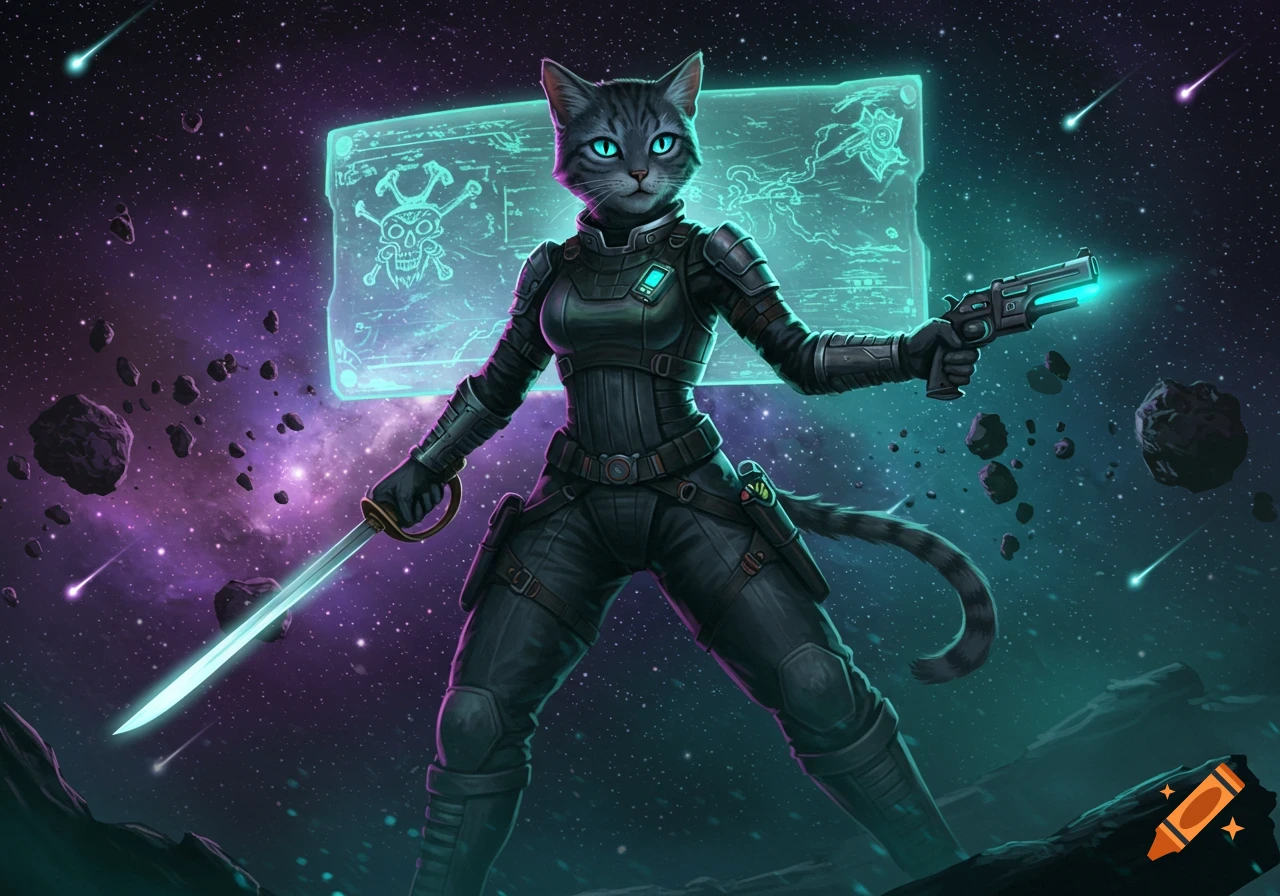 A grey catfolk space pirate in dark armor holds a glowing rapier and sonic pistol, with a holographic map behind her in space.