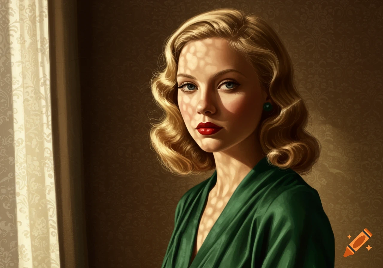 A beautiful blonde woman with red lips in a vintage style, wearing a green dress with dappled light on her face.