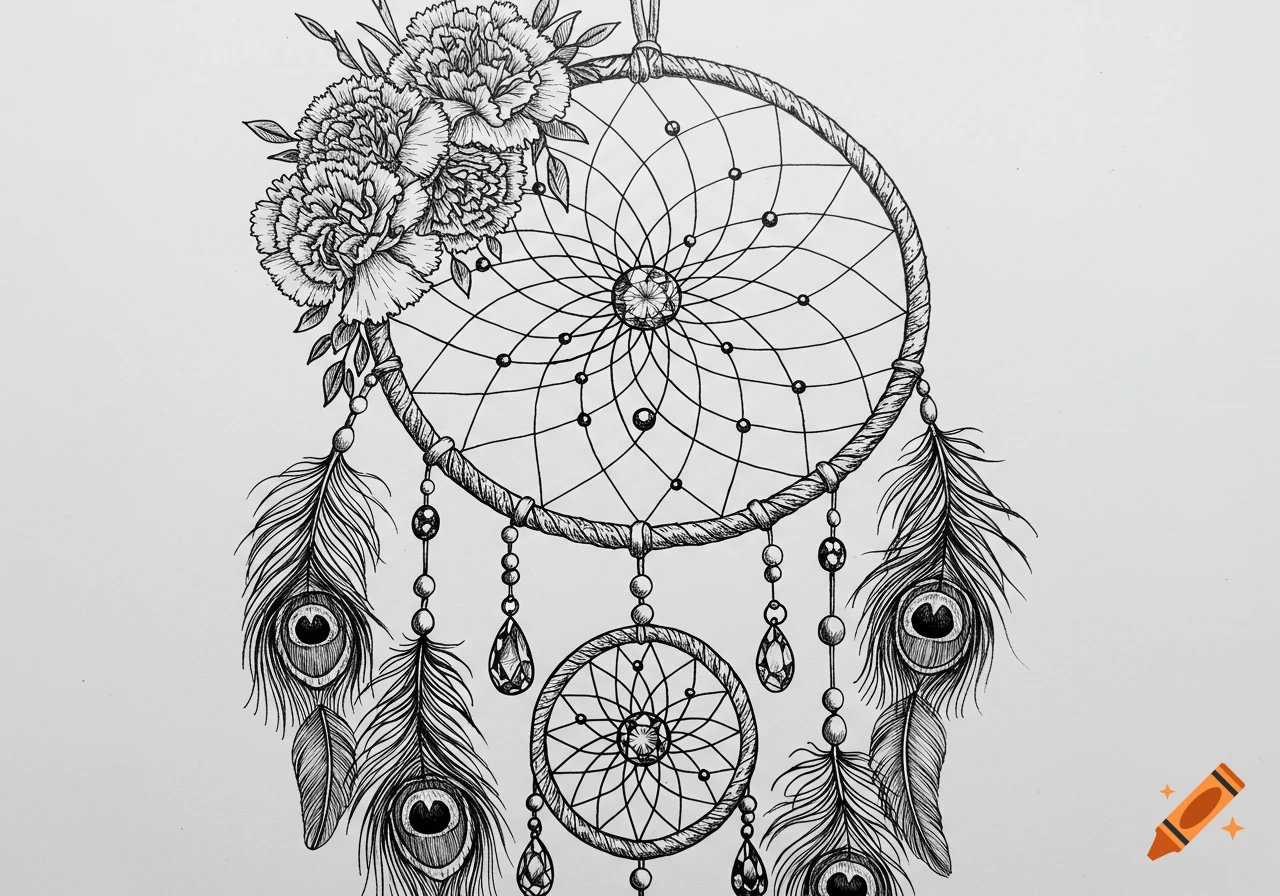 A detailed black and white sketch of a dreamcatcher adorned with flowers, peacock feathers, and beads.