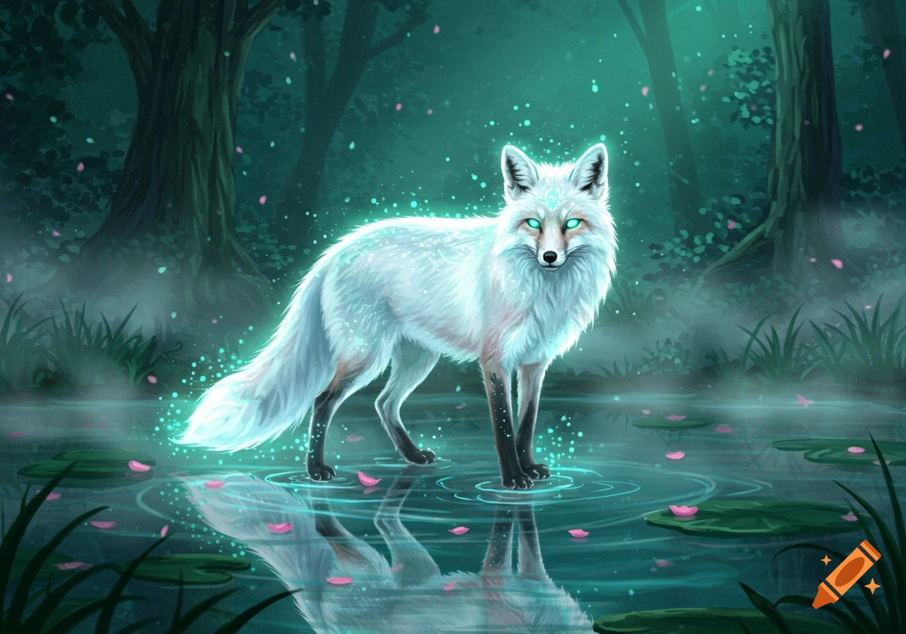 A white, glowing spirit fox with green eyes stands in a dark forest pond with lily pads and falling pink petals.