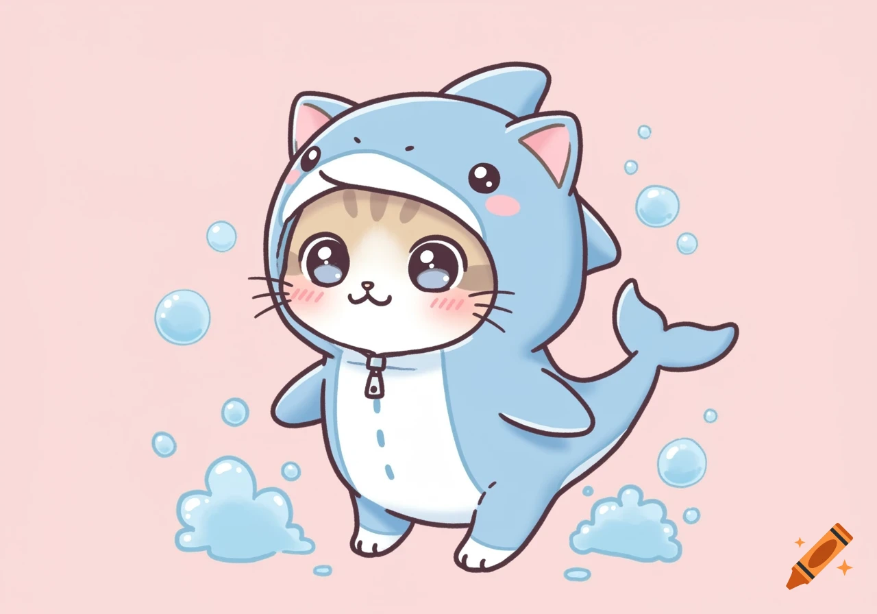A cute kawaii cartoon cat wearing a light blue dolphin costume, surrounded by bubbles on a pink background.