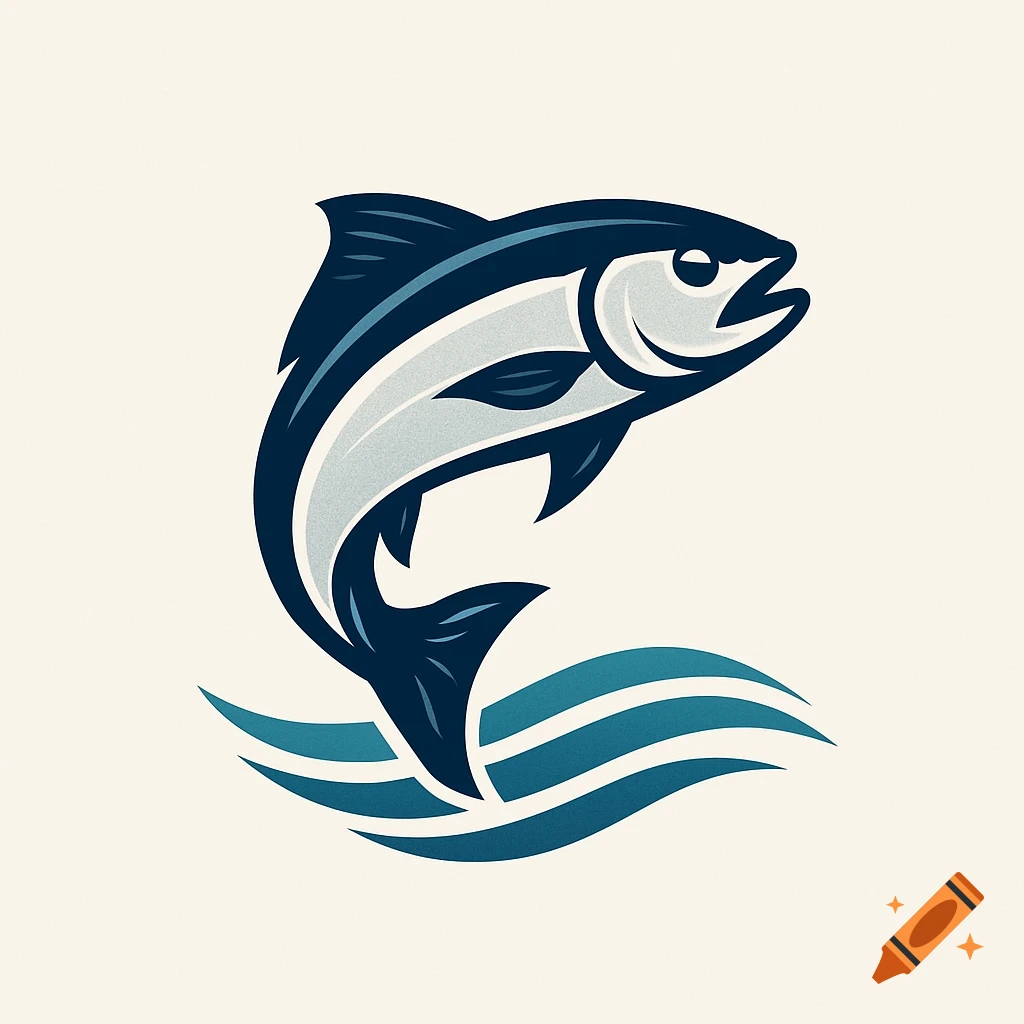 A stylized two-tone logo of a fish leaping out of water with waves below.