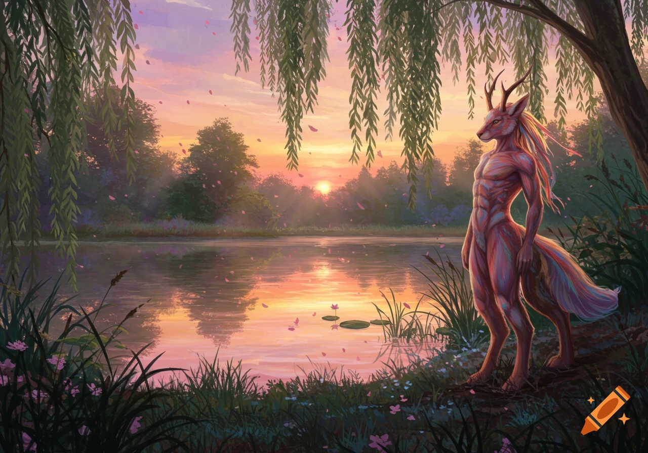 An anthropomorphic deer-like creature stands by a reflective lake at sunset with willow branches.