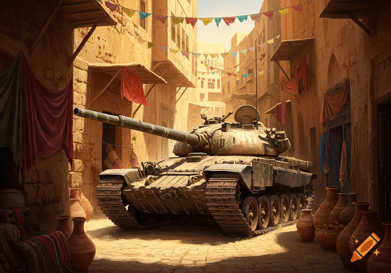 A military tank parked in a narrow, sunlit alleyway of a Middle Eastern town, with buildings and colorful banners.