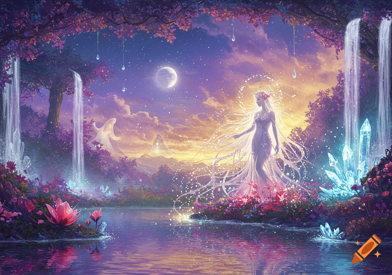 A luminous, ethereal woman with long white hair and a flowing gown stands by a glowing river, surrounded by waterfalls, sparkling crystals, and vibrant flowers under a purple twilight sky with a moon.