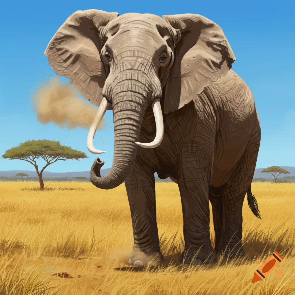 A detailed illustration of an elephant blowing dust in a sunny savanna with golden grass and acacia trees.