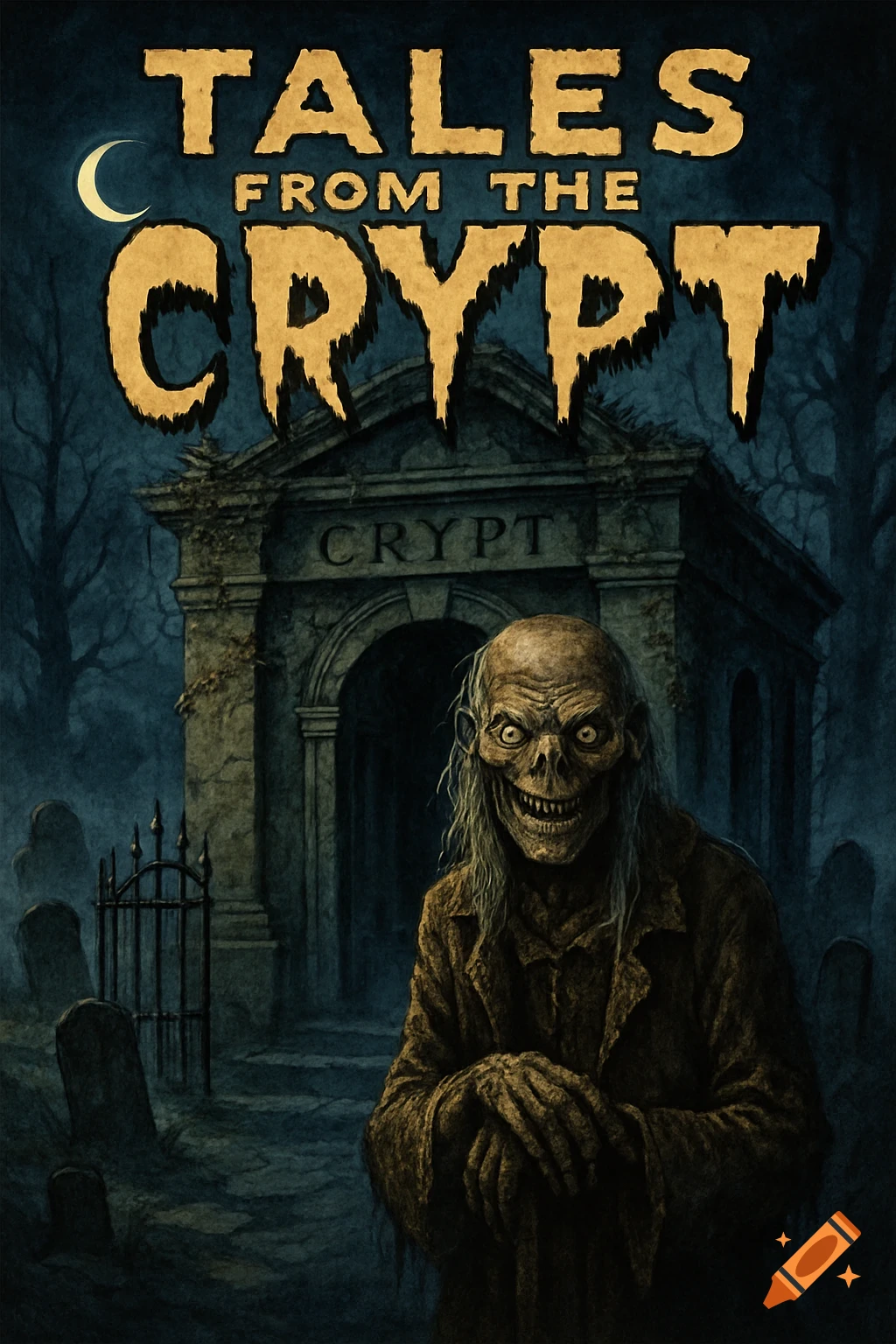 A scary, zombie-like Crypt Keeper stands in a dark graveyard before a mausoleum under a crescent moon, with 'Tales from the Crypt' text.