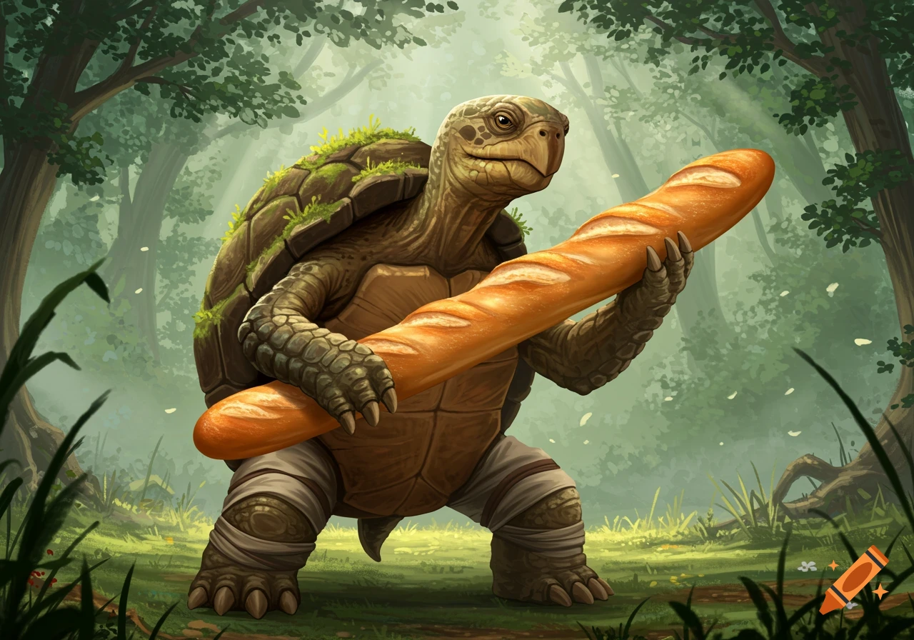 A wise warrior turtle stands in a forest, holding a large baguette like a weapon in this fantasy illustration.