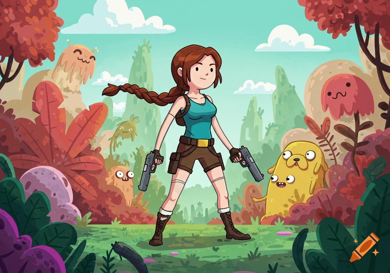 Lara Croft in Adventure Time style holding two guns, standing in a colorful fantasy jungle with Jake the Dog and other cartoon creatures.