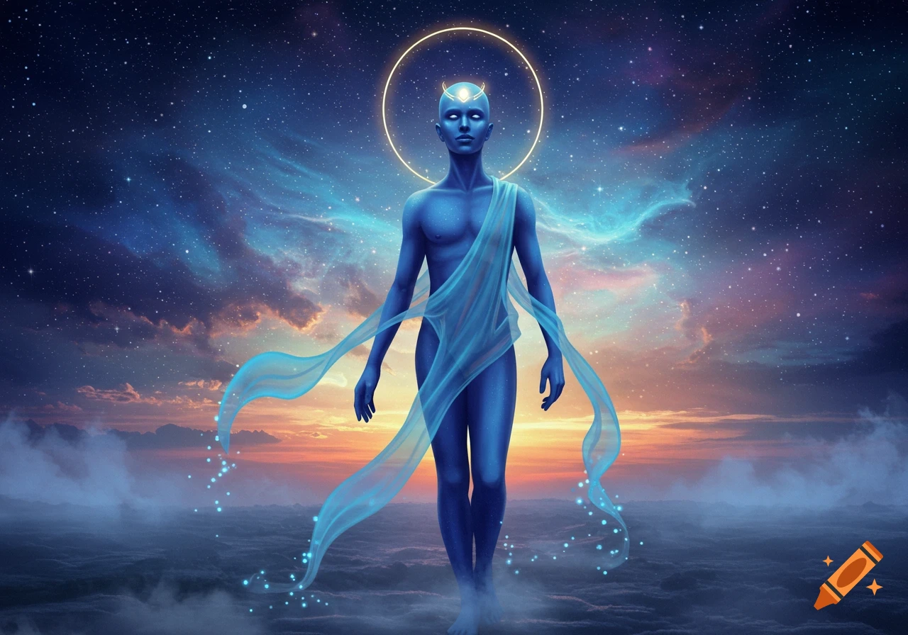 Ethereal blue humanoid figure with a halo, standing in a cosmic sky with stars and clouds during twilight.