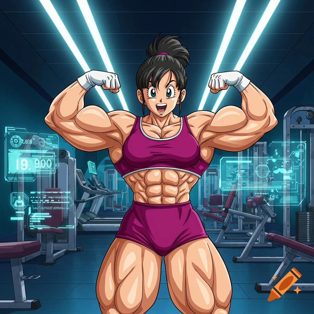 An extremely muscular anime woman in a sports bra and shorts flexes her biceps in a gym.