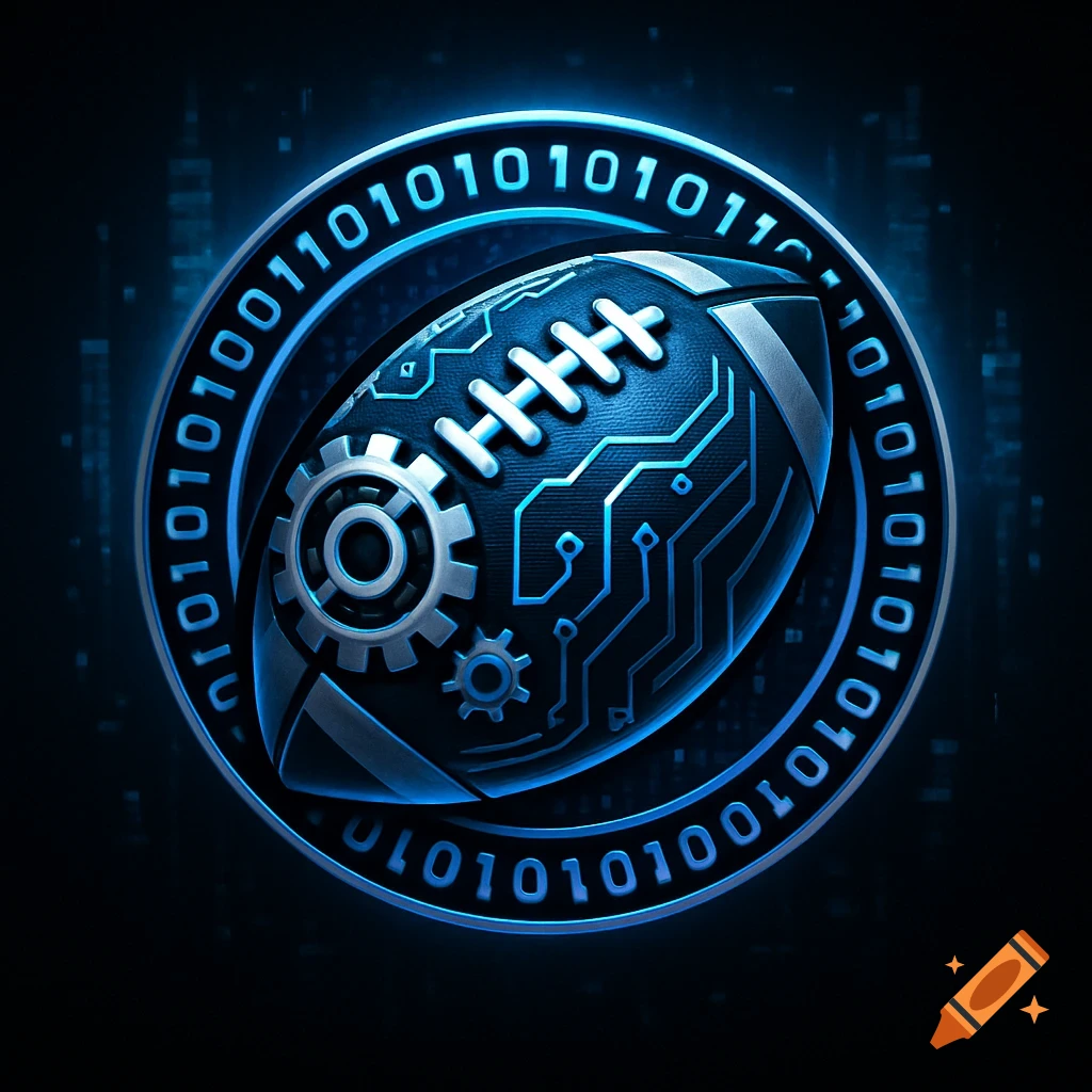 A futuristic digital art logo featuring a football with circuit patterns and gears, encircled by glowing blue binary code.