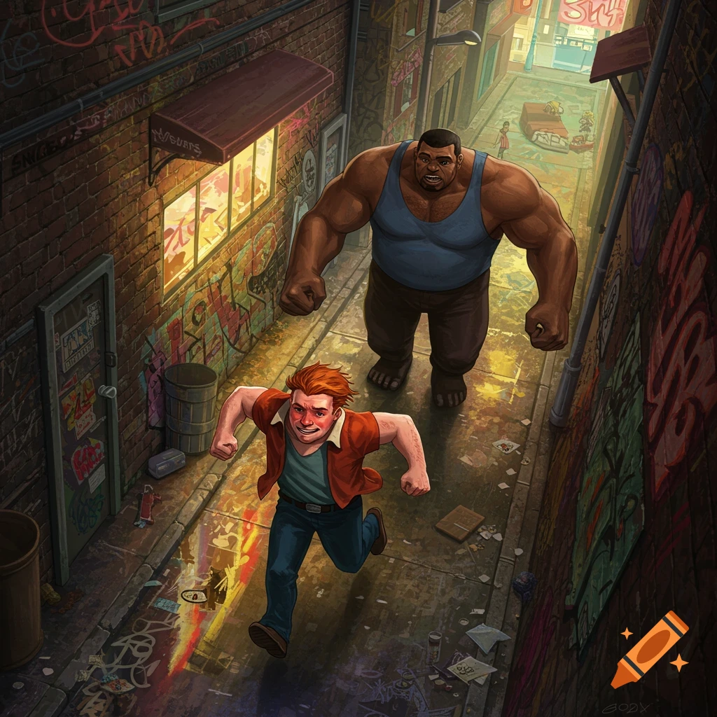 A man with red hair runs frantically through a graffiti-covered alley, pursued by a large, muscular man in a blue tank top. The scene has a stylized, comic book art feel.