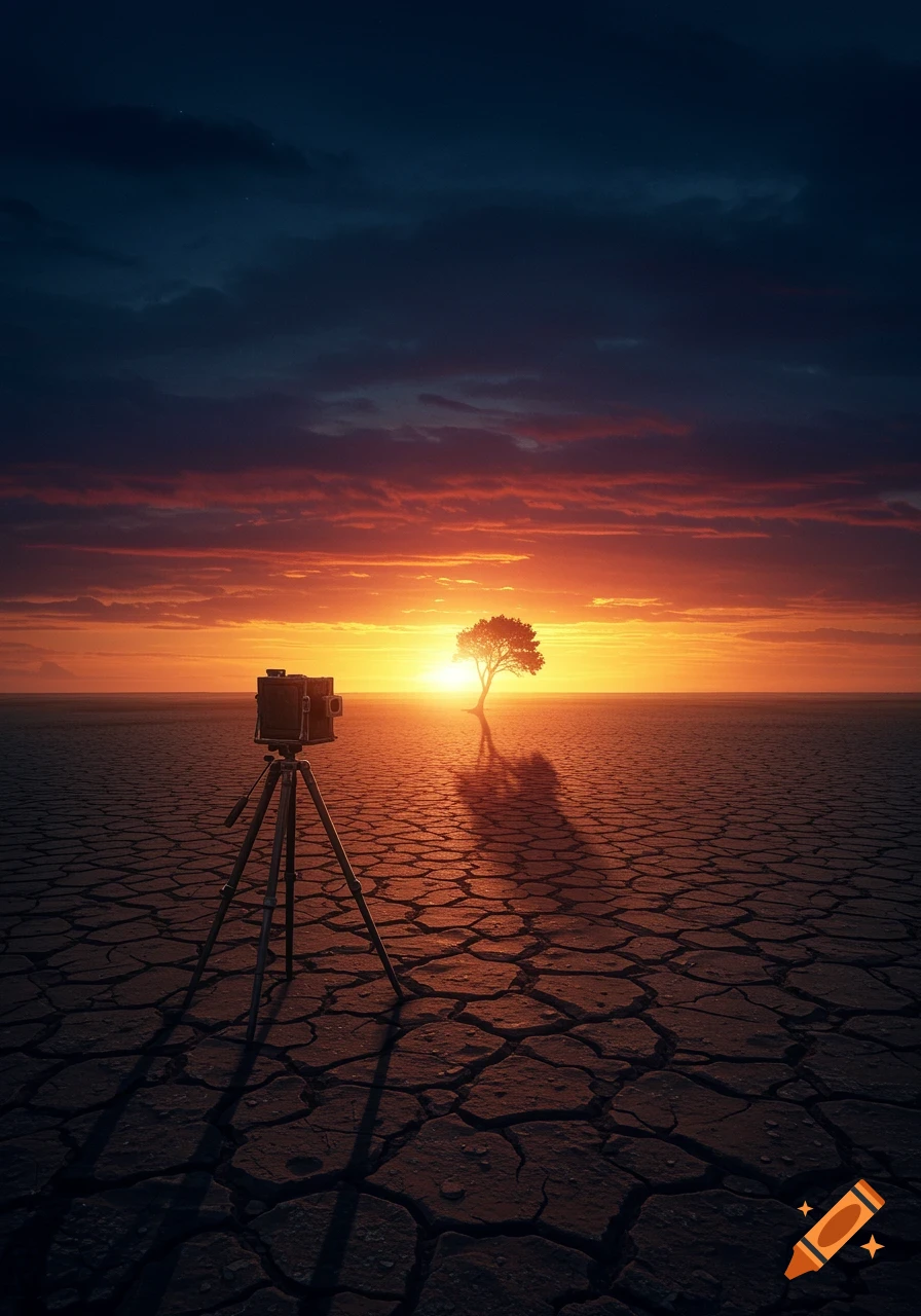 A camera on a tripod faces a lone tree silhouetted against a vibrant orange and red sunset over a cracked, barren landscape.