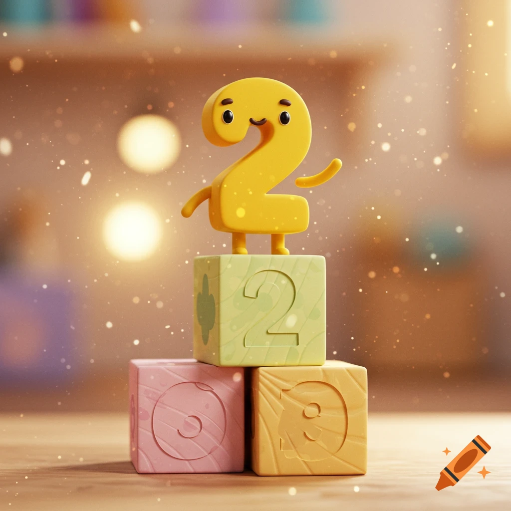 A cute, yellow cartoon number 2 character with arms and legs stands on a light green building block with the number 2. Below are pink and orange blocks with numbers 0 and 3, all on a wooden surface with a warm, blurry background.