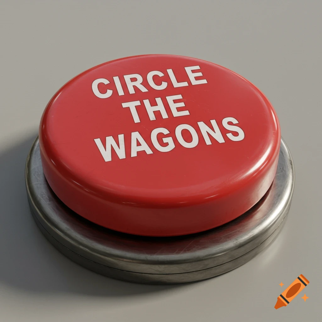 A photorealistic red button with the phrase 'CIRCLE THE WAGONS' on its surface, resting on a metallic base.