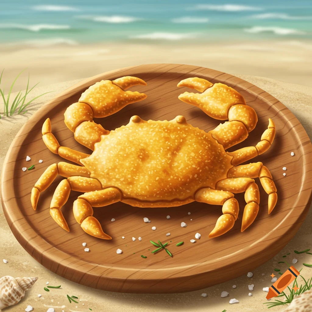 A crab-shaped cracker on a wooden plate on a sandy beach with the ocean in the background, in an illustrative style.