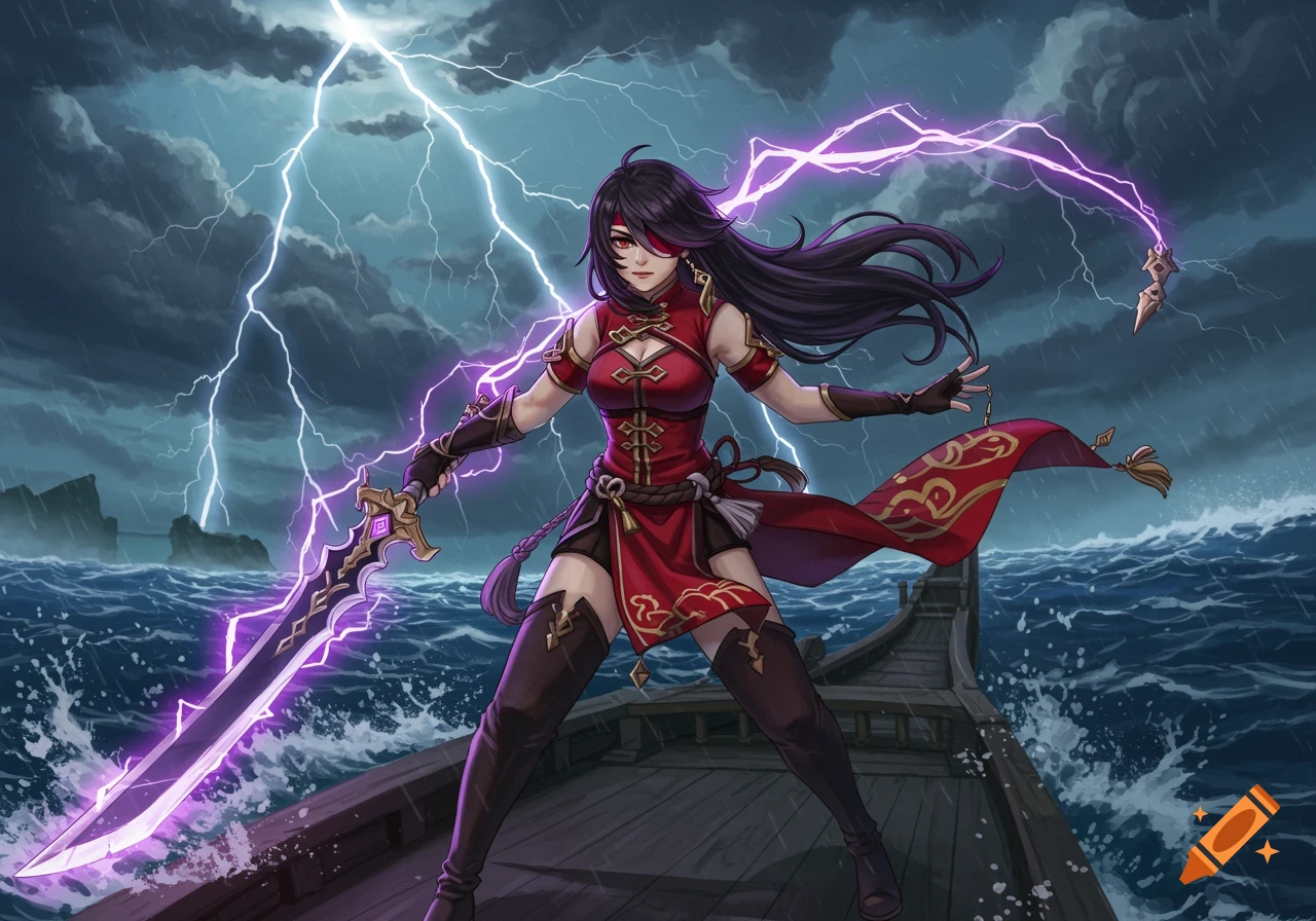 A female character with an eyepatch and red outfit wields a glowing purple sword on a ship during a lightning storm, digital anime art style.