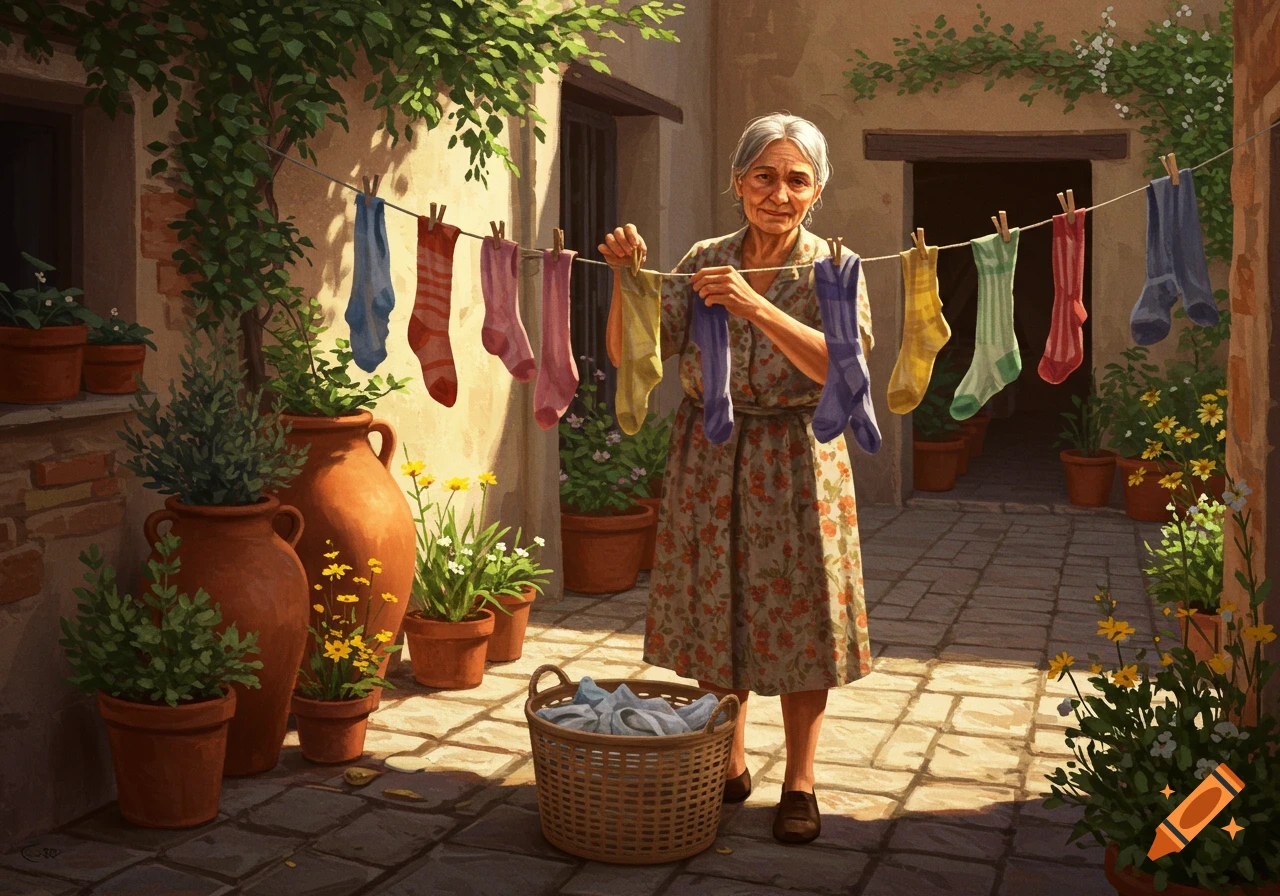 An elderly woman hangs colorful socks on a clothesline in a sunlit, plant-filled courtyard, in a painterly style.