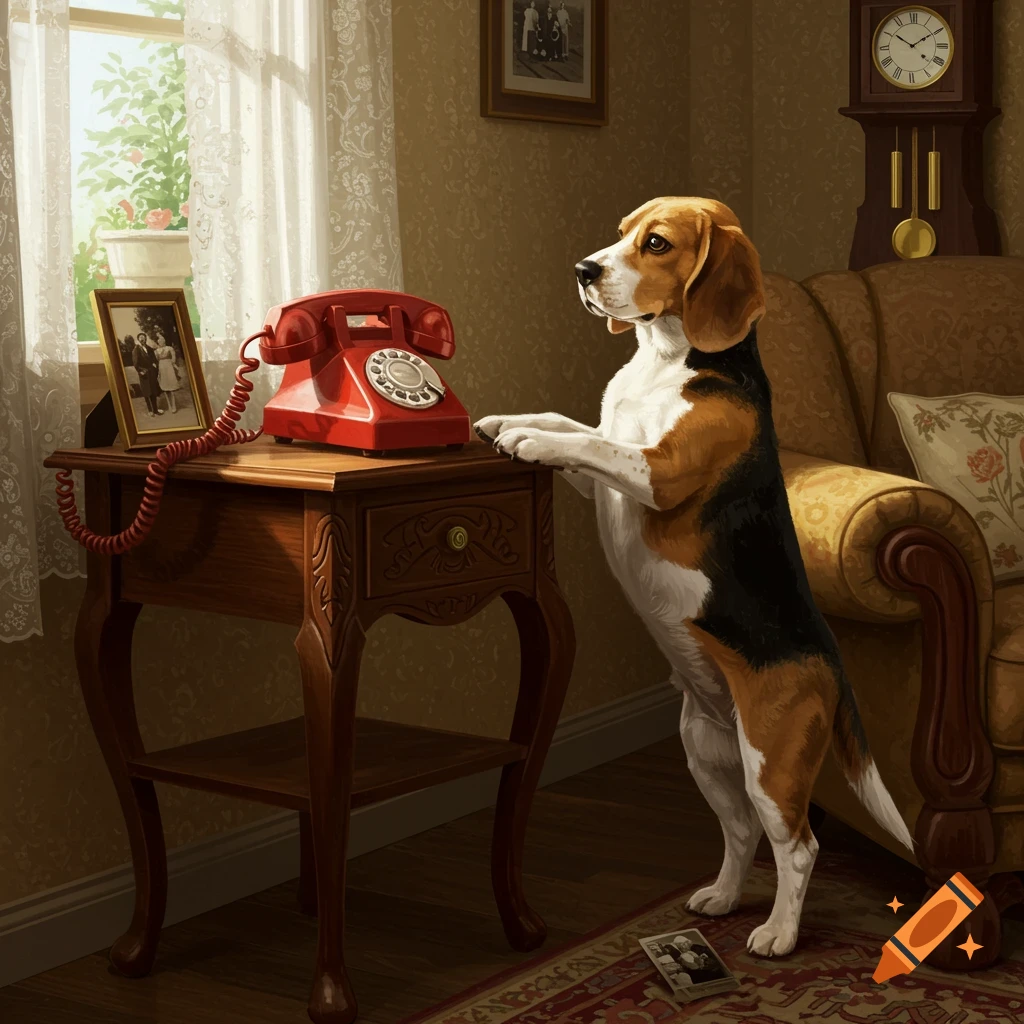 A beagle dog stands on its hind legs, with its front paws on a wooden side table, looking at a red rotary phone in a sunlit room.