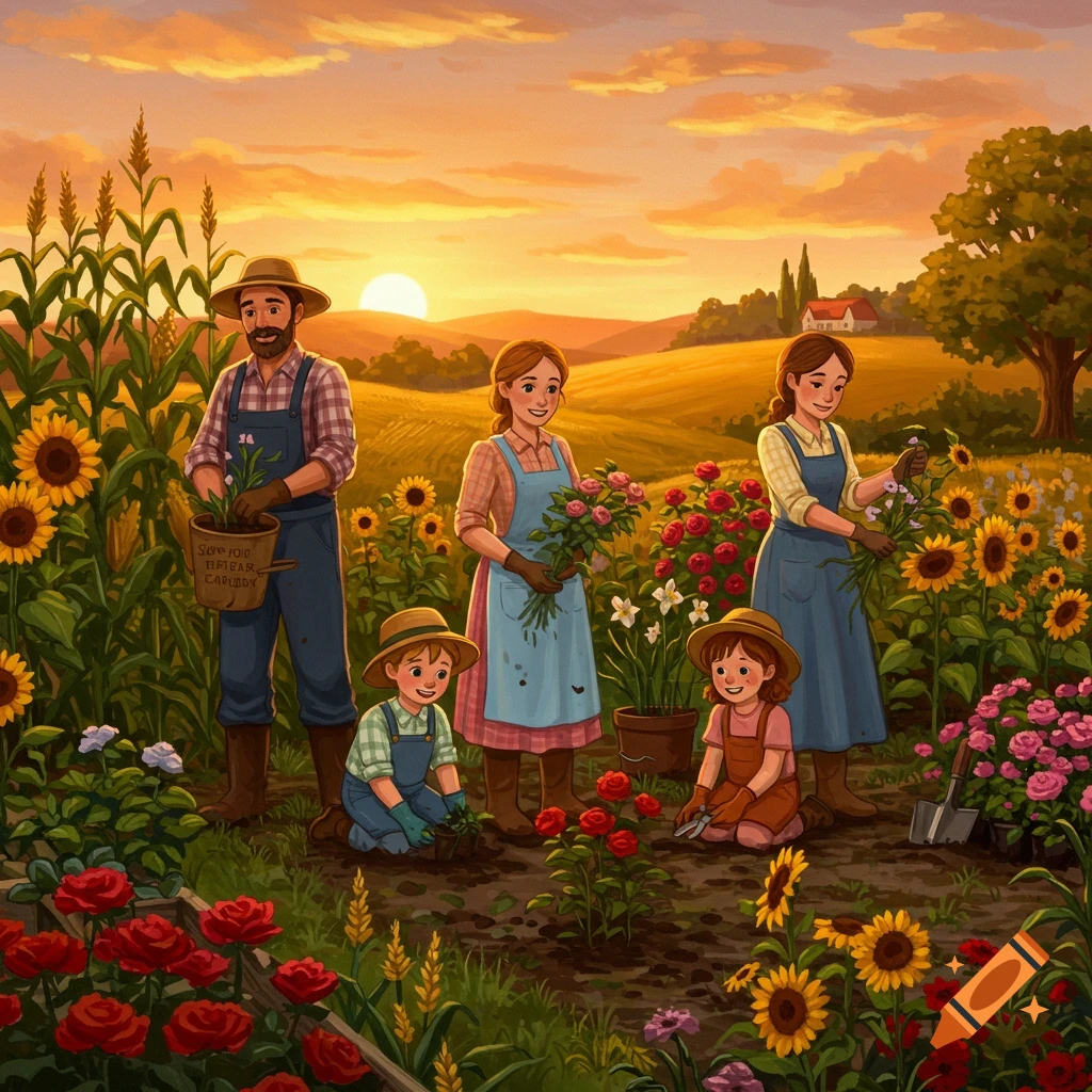 A family gardening in a field of sunflowers and roses at sunset, with a farmhouse in the distance.