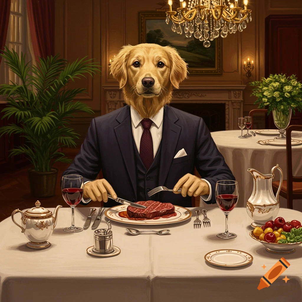 A photorealistic image of a golden retriever's head on a man in a suit, dining on a steak in a luxurious restaurant.
