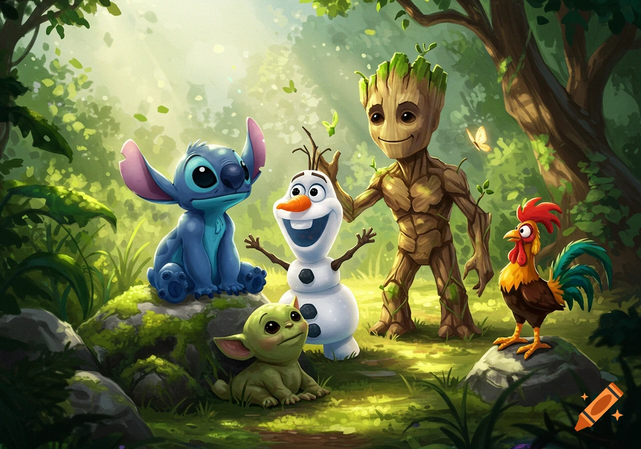 A vibrant illustration of cartoon characters Stitch, Olaf, Baby Groot, Grogu, and Hei Hei gathered in a sunlit forest.