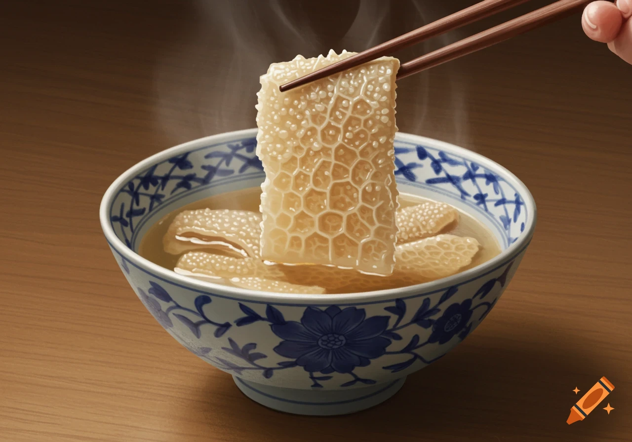 A hand holding chopsticks picks up a piece of honeycomb beef tripe from a steaming bowl of soup on a wooden table.