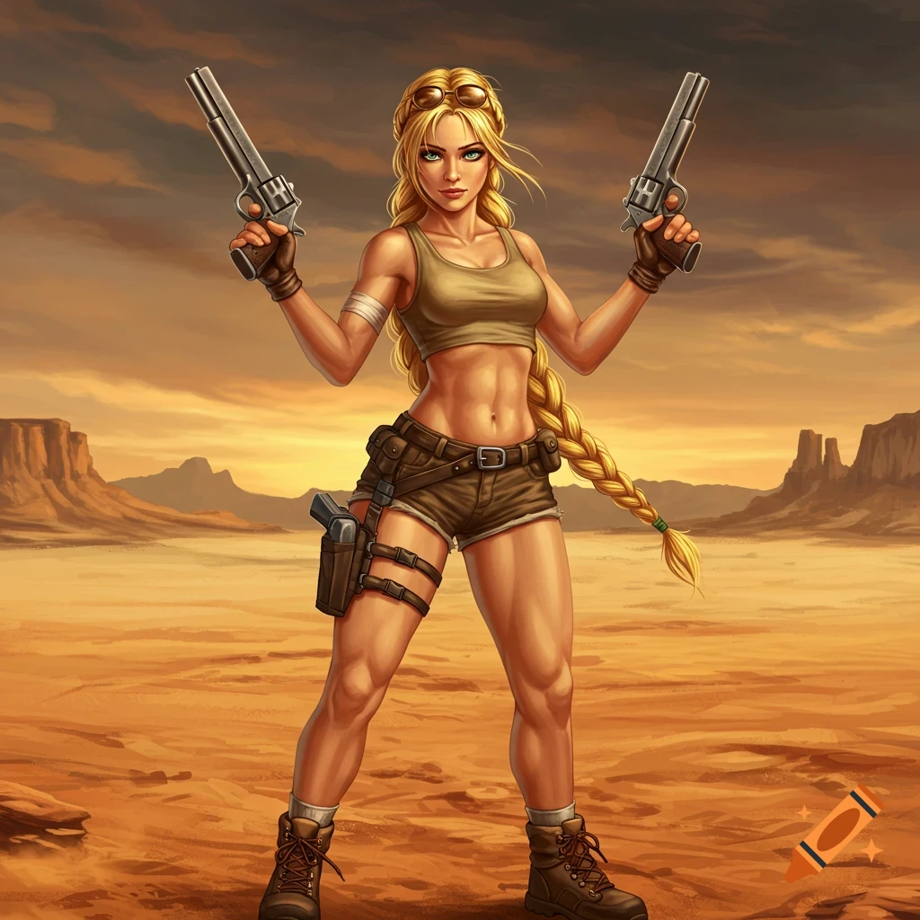 A blonde woman in a crop top and shorts with a braided ponytail holds two pistols in a desert landscape, digital art.