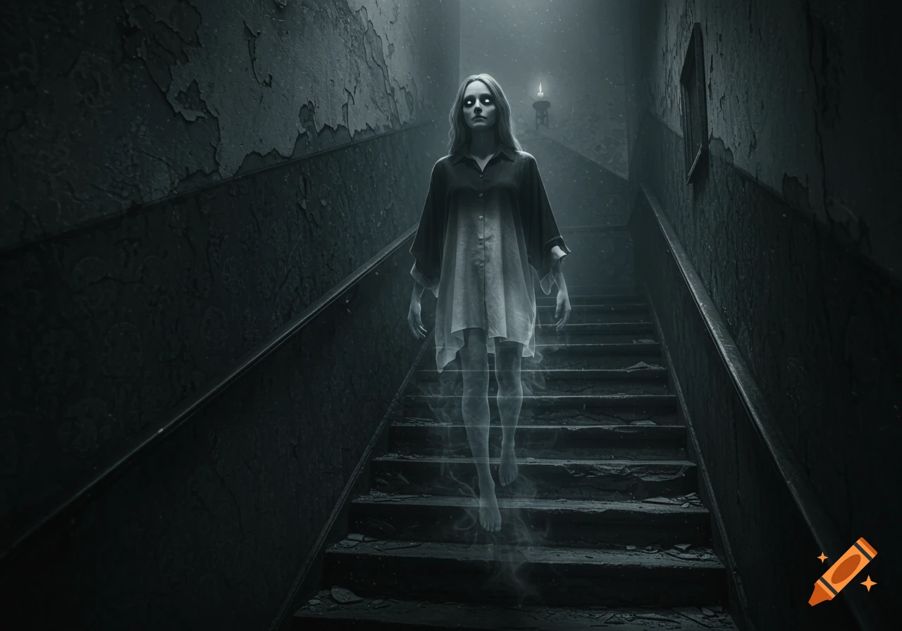 A creepy female ghost with glowing eyes floats down a dark, dilapidated stairwell.