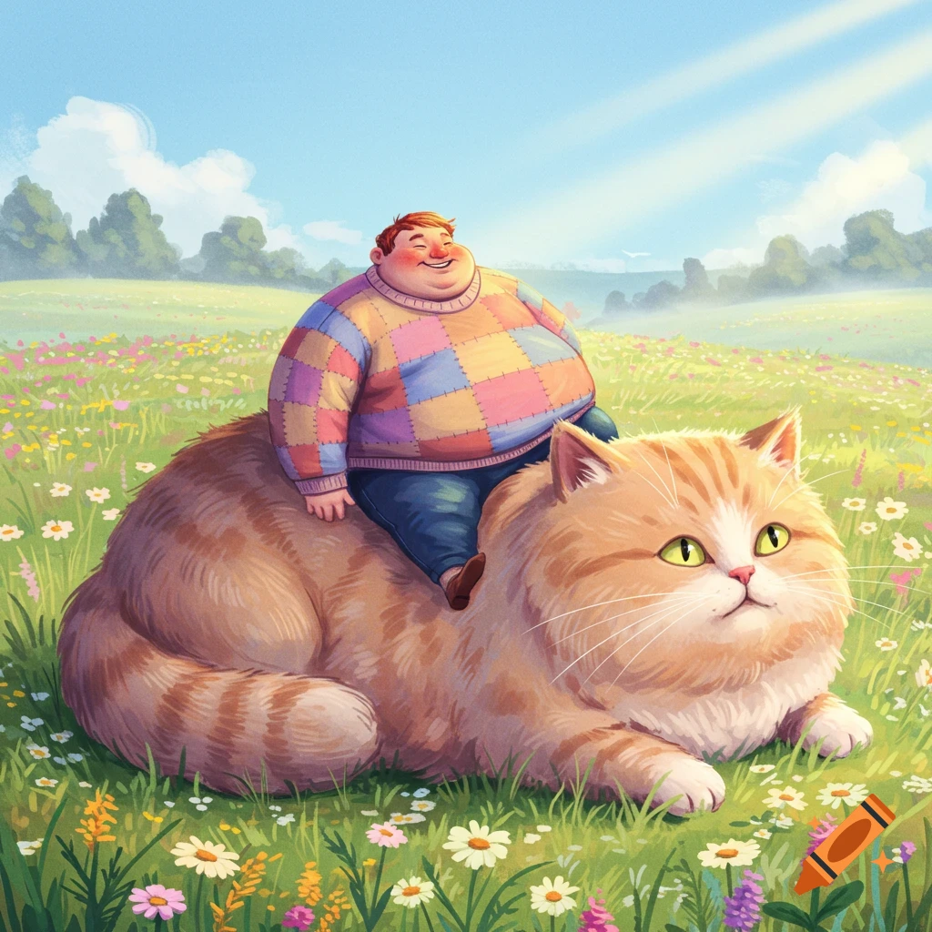 A smiling, overweight man in a colorful patchwork sweater sits on the back of a giant, fluffy orange and white cat in a sunny meadow filled with wildflowers, cartoon style.