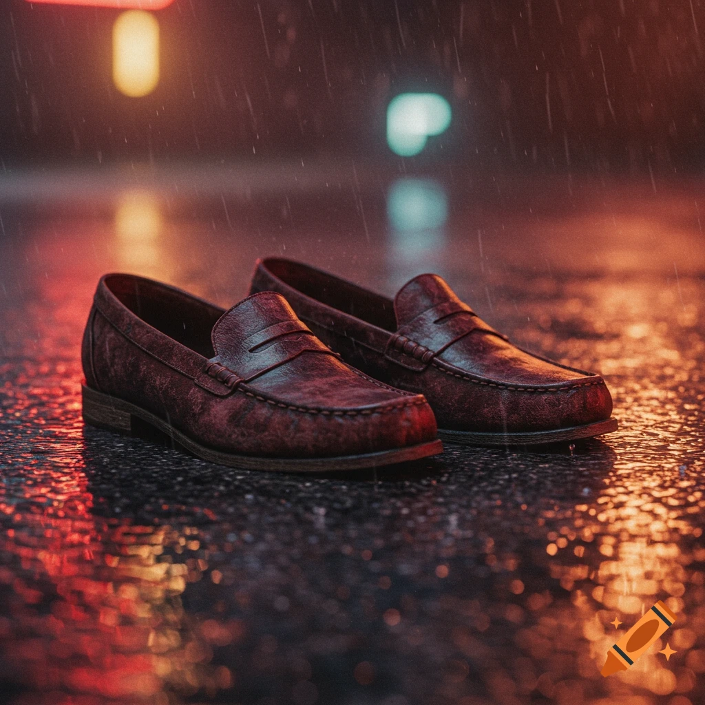 A pair of brown leather loafers sit on a wet asphalt surface under falling rain, with blurred colorful lights reflecting in puddles.