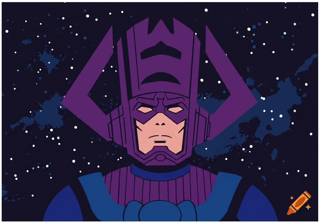 Stylized portrait of Marvel's Galactus in purple and blue armor against a starry night sky.