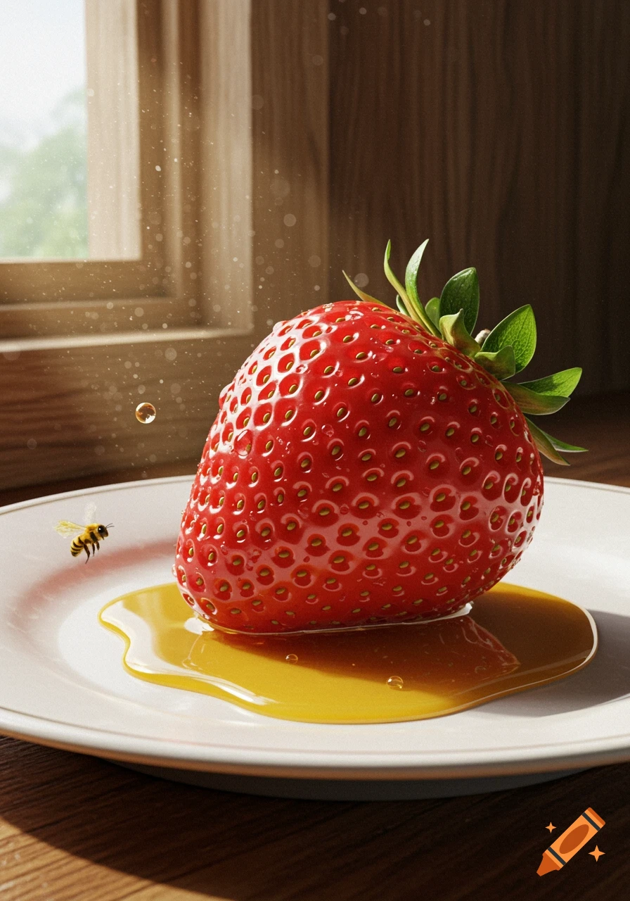 A large red strawberry with golden honey on a white plate, a bee flies nearby, illuminated by sunlight through a window. Photorealistic.