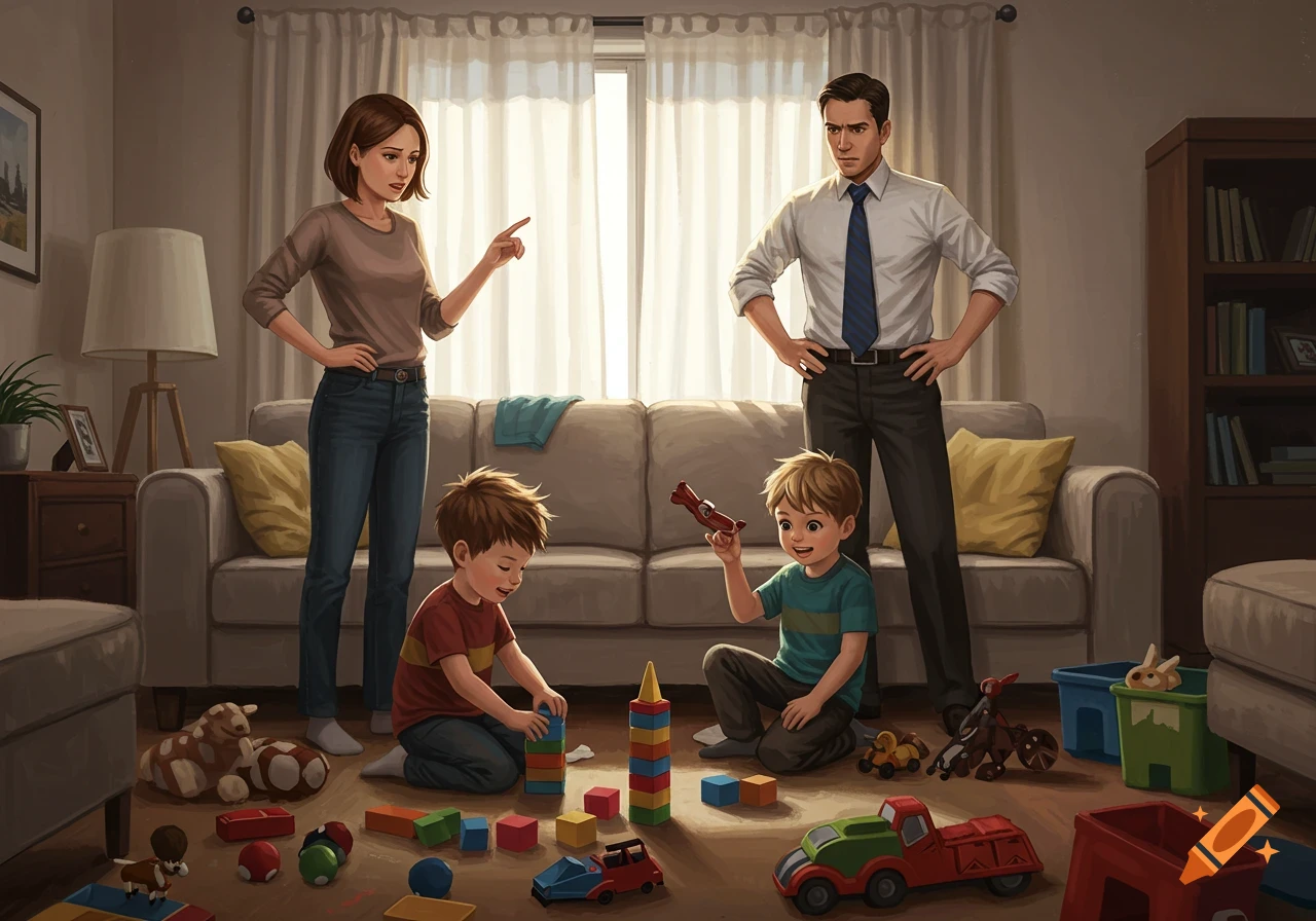 Illustrated scene of two stern parents watching two young boys play with toys on a living room floor.