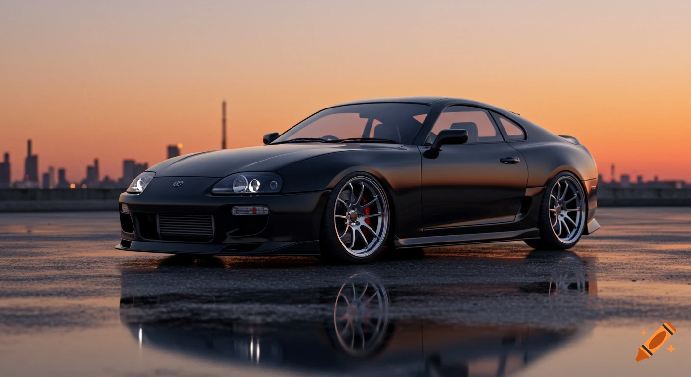 A photorealistic image of a black Toyota Supra Mk4 sports car parked on a wet surface at sunset, with a city skyline in the background.