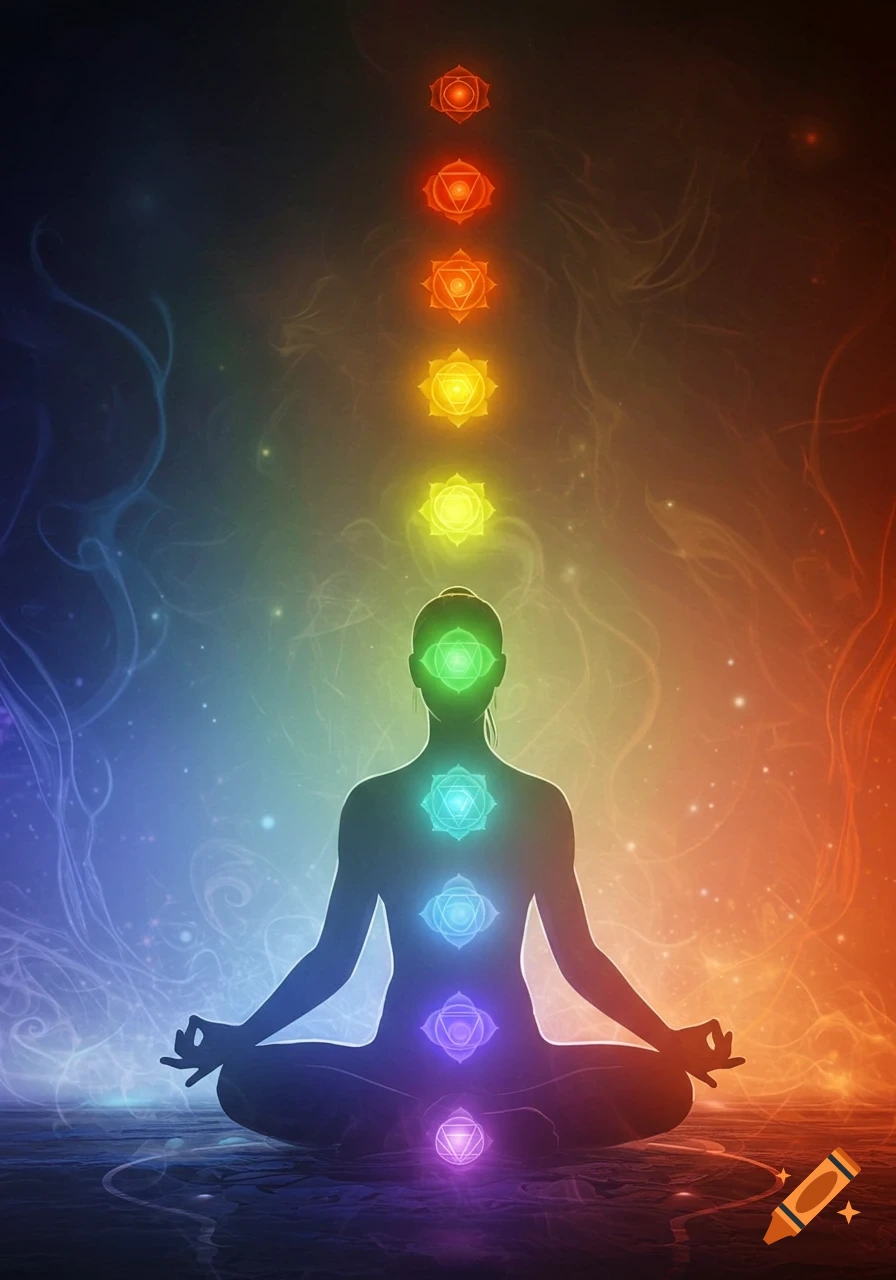 Silhouette of a person meditating in lotus pose with seven glowing colorful chakra symbols aligned vertically, against a vibrant cosmic background.