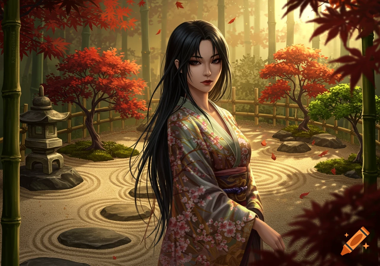 A woman with long dark hair and a floral kimono stands in a tranquil Japanese garden with red maple trees and a stone lantern, rendered in a digital art style.