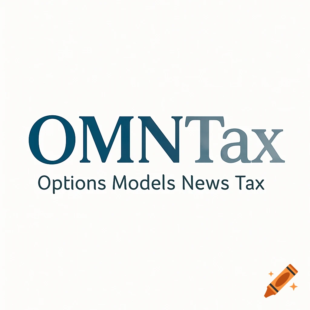 Logo with 'OMNTax' in blue and grey serif font, and 'Options Models News Tax' in smaller grey sans-serif font below it on a white background.