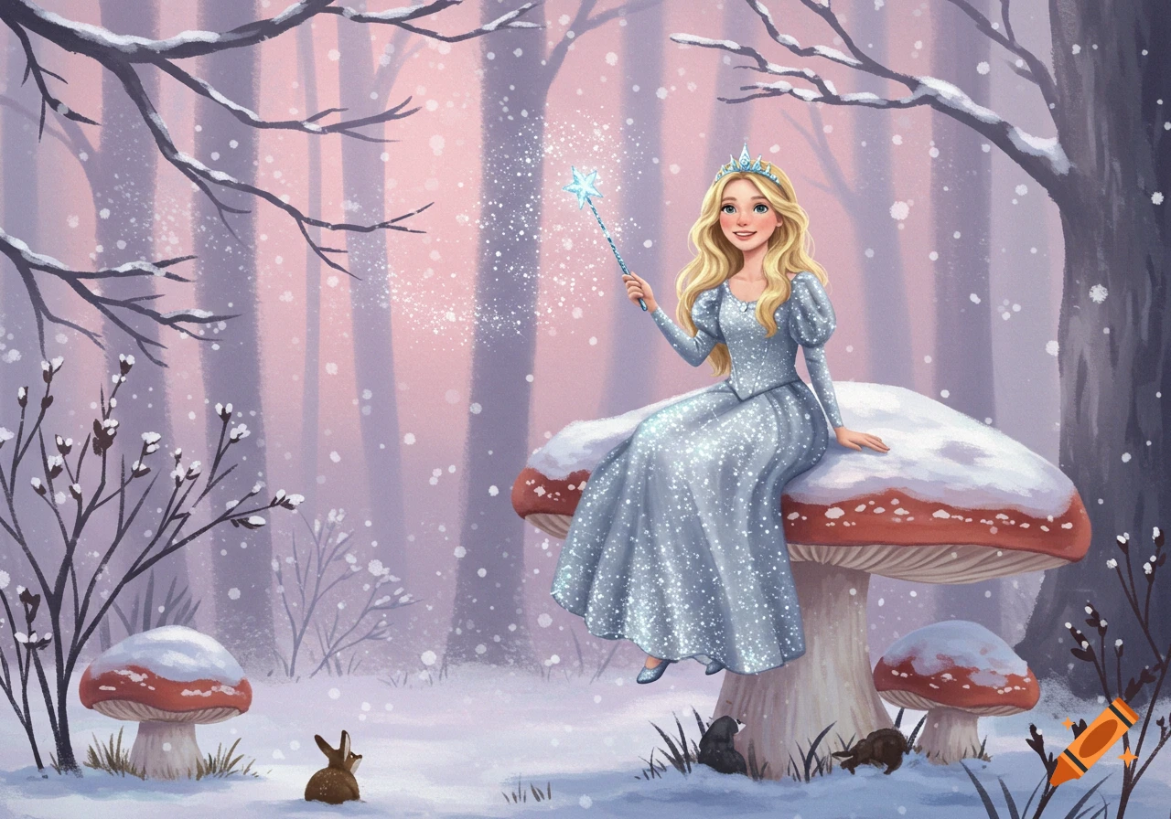 An illustrated fairytale princess sits on a snow-covered toadstool in a magical winter forest, waving a sparkling wand.