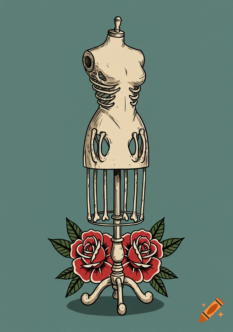 American traditional tattoo style illustration of a vintage dress form made of bones, with red roses at its base, on a teal background.